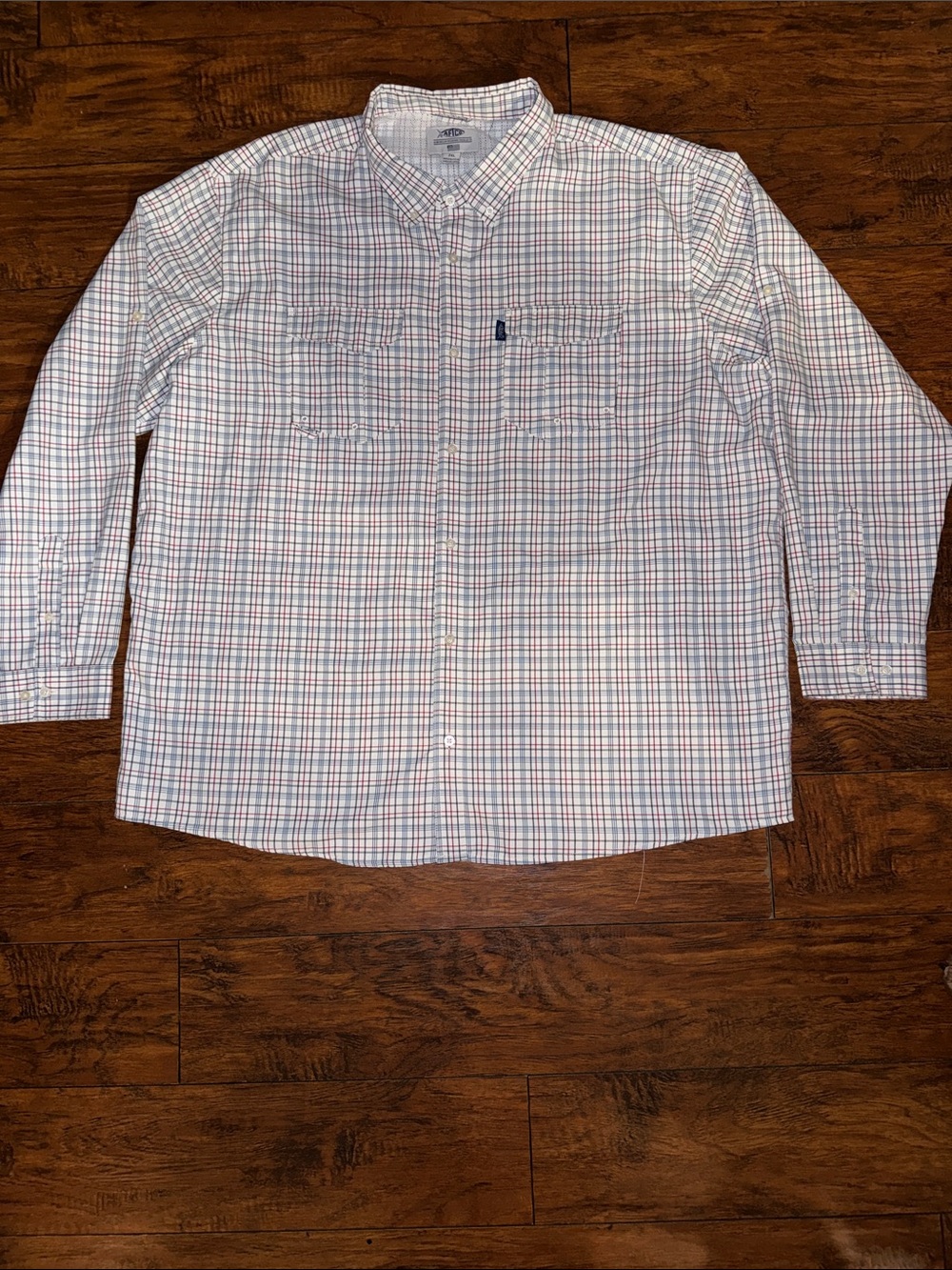 AFTCO White Plaid Button-Down Shirt with Blue and Red Lines